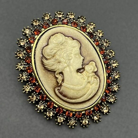 Yellow Gold and Brown with Champagne Crystal Victorian Cameo Pin Back Brooch - Picture 1 of 7